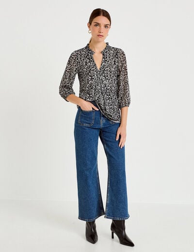 Blouse col v manches 3/4 noir femme