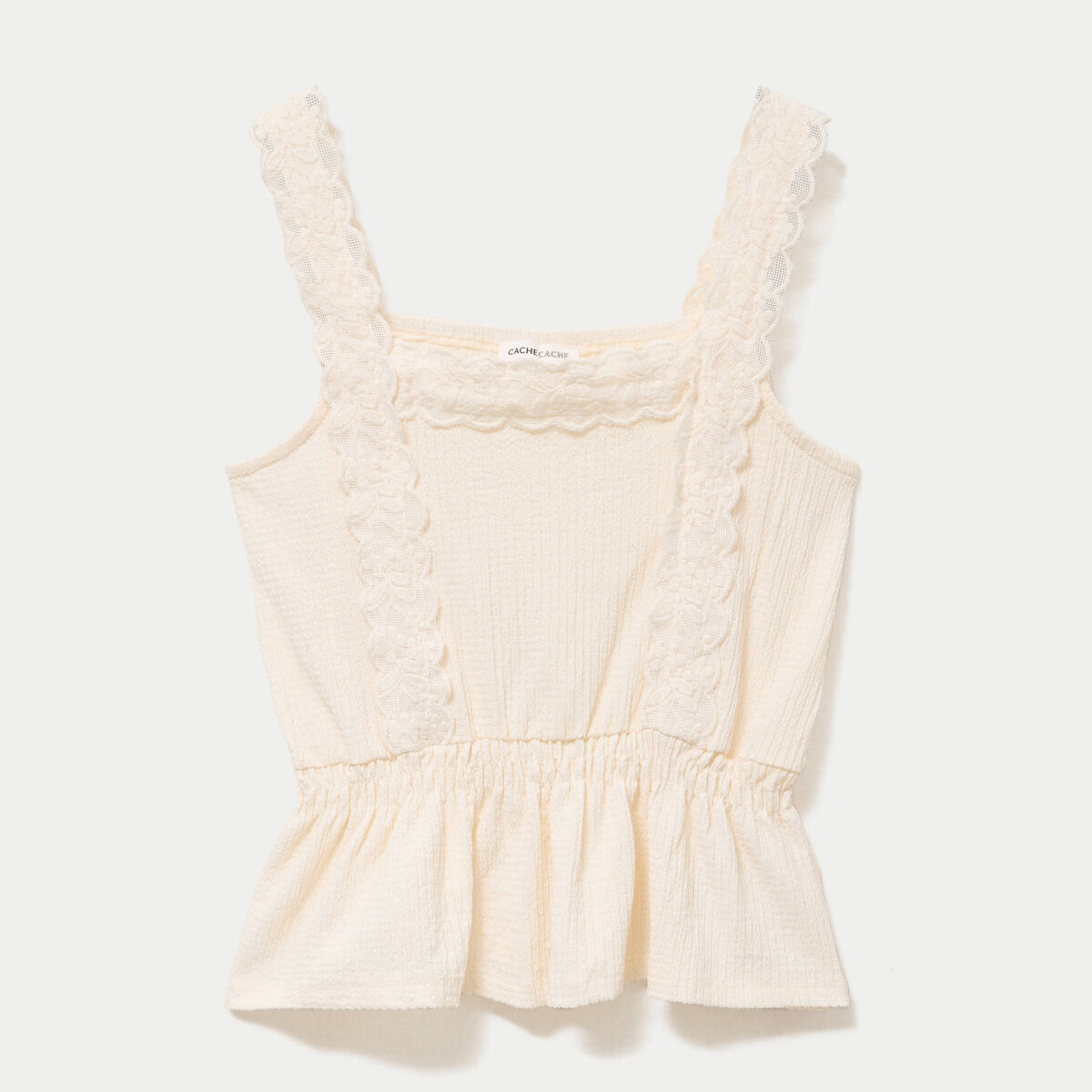 Top droit court sans manches dentelle ecru femme