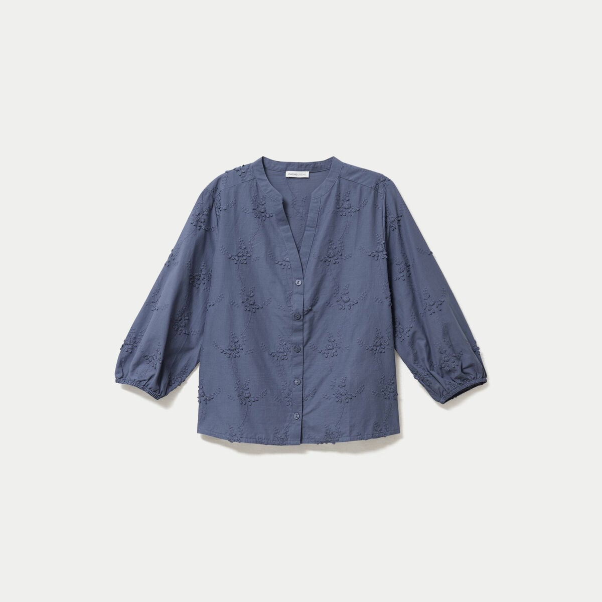 Blouse brod&eacute;e col mao manches 3/4 bleu gris femme