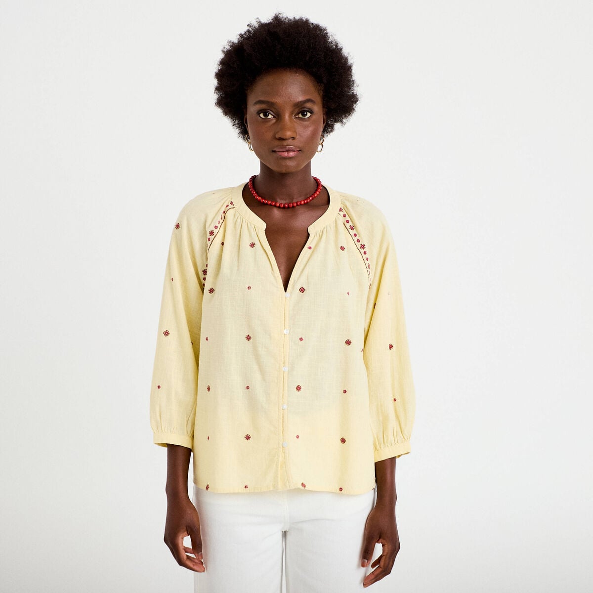 Blouse ample col tunisien manches 3/4 jaune pastel femme