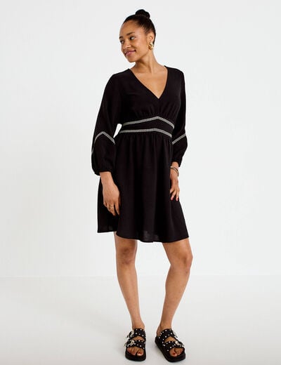 Robe courte &eacute;vas&eacute;e col v manches 3/4 noir femme