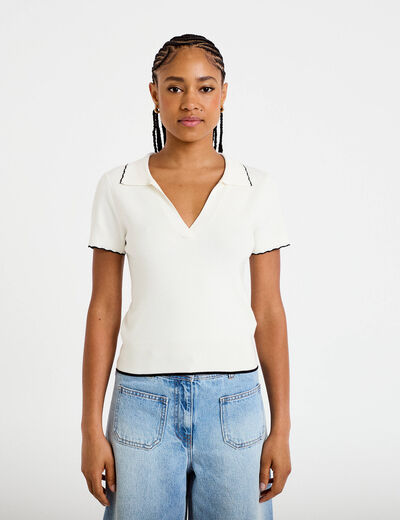 Polo ajust&eacute; manches courtes col chemise ecru femme