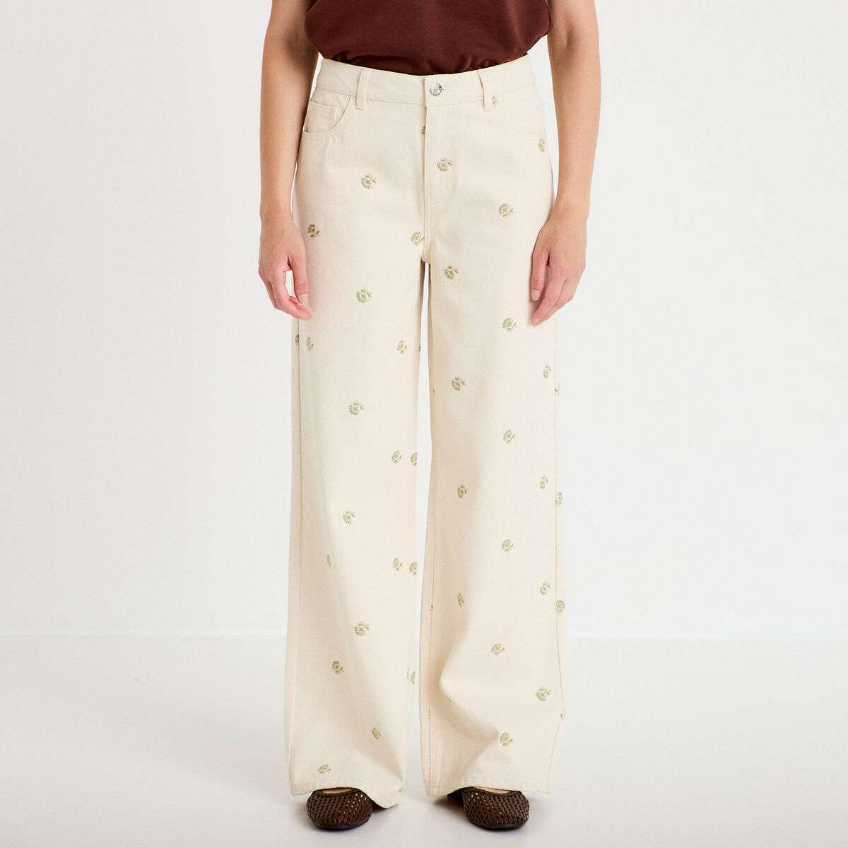 Jean wide leg broderie taille haute denim blanc femme