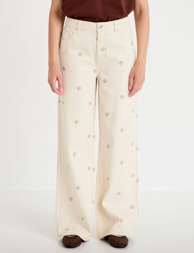 Jean wide leg broderie taille haute denim blanc femme