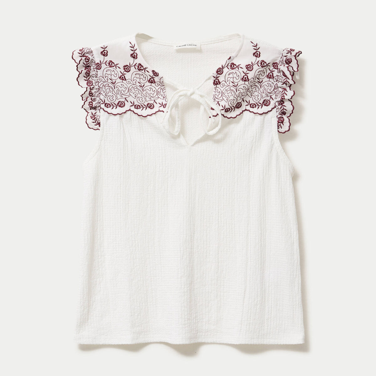 Blouse d&eacute;collet&eacute; sans manches brod&eacute;e rouge femme