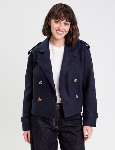 Trench droit court col tailleur bleu marine femme
