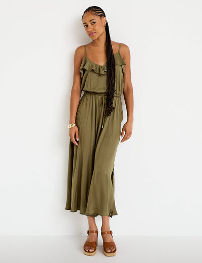 Robe longue &eacute;vas&eacute;e col v bretelles vert kaki femme