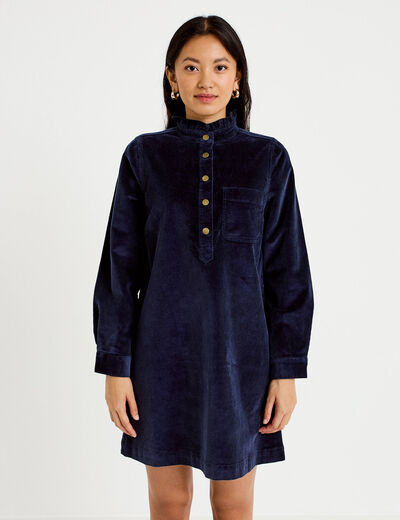 Robe droite velours col montant bleu marine femme