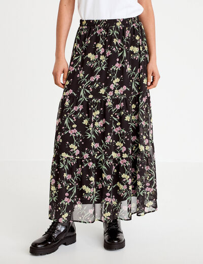Jupe longue &eacute;vas&eacute;e en voile transparent noir femme