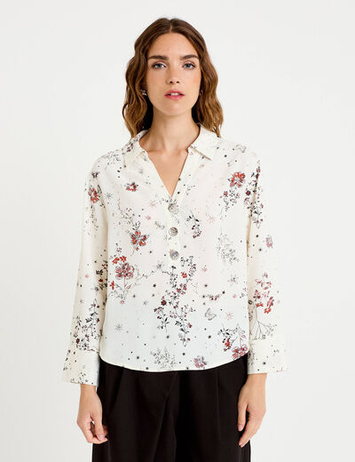 Blouse col chemise manches longues blanc femme