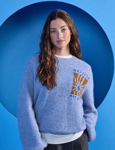 Pull ample col rond manches longues bleu ciel femme