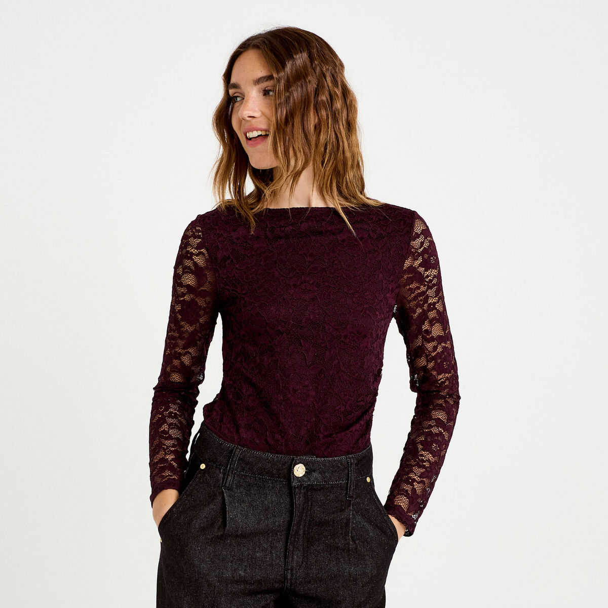 Body ajust&eacute; dentelle col bateau violet fonc&eacute; femme
