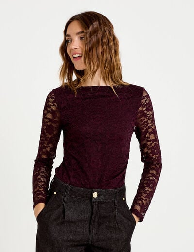 Body ajust&eacute; dentelle col bateau violet fonc&eacute; femme