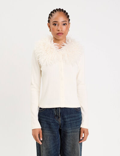 Gilet ajust&eacute; manches longues duveteux ivoire femme