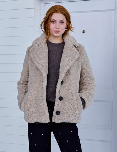 Manteau droit bouclettes col tailleur beige femme
