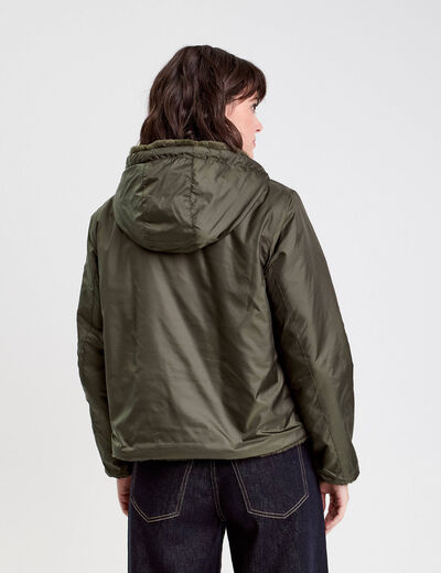 Parka r&eacute;versible &agrave; capuche vert kaki femme