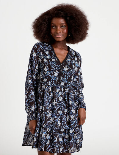 Robe droite col v manches longues noir femme