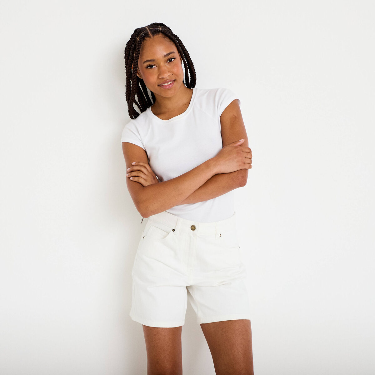 Bermuda regular 5 poches en jean denim blanc femme