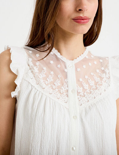 Blouse sans manches col rond ecru femme