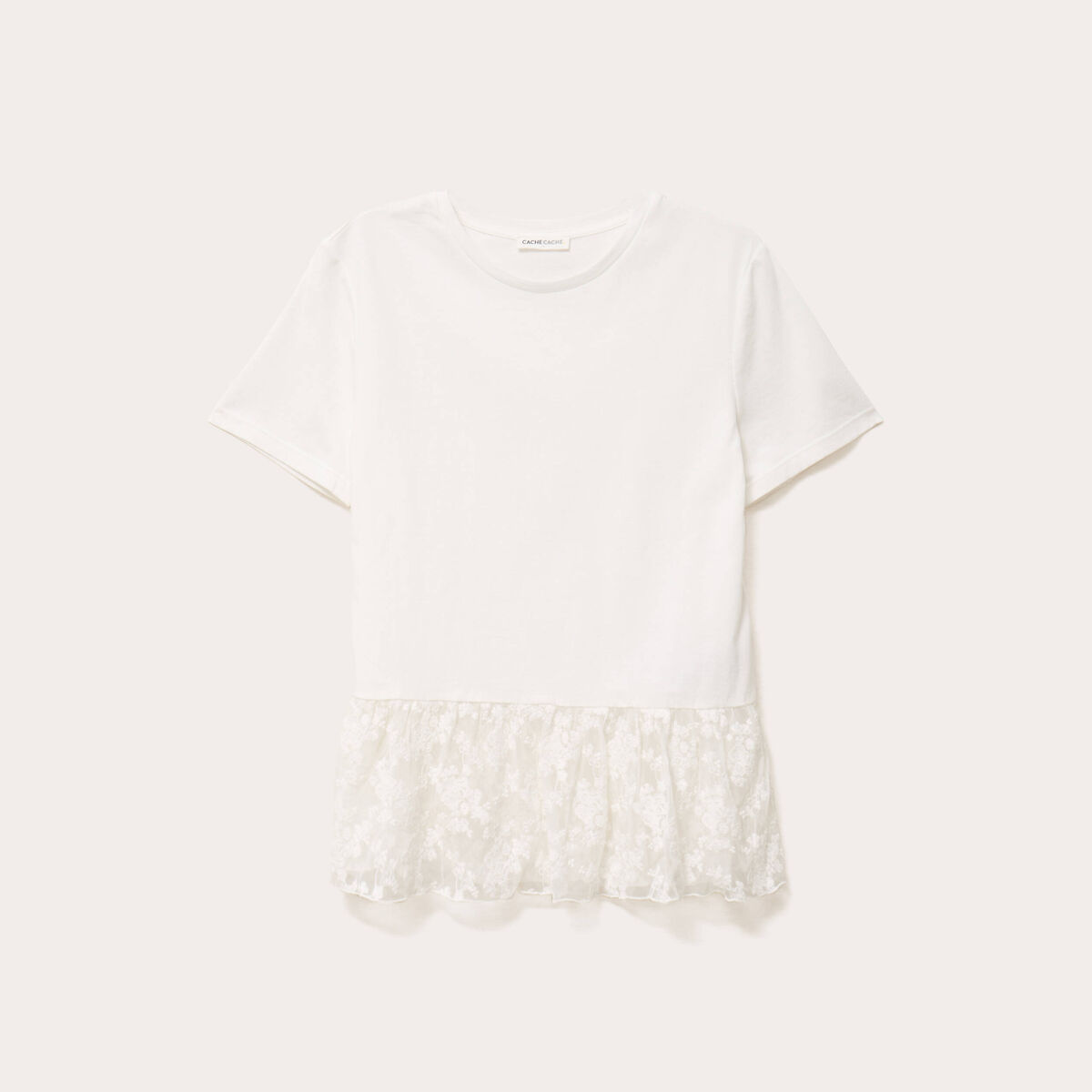 T-shirt manches courtes en dentelle ecru femme