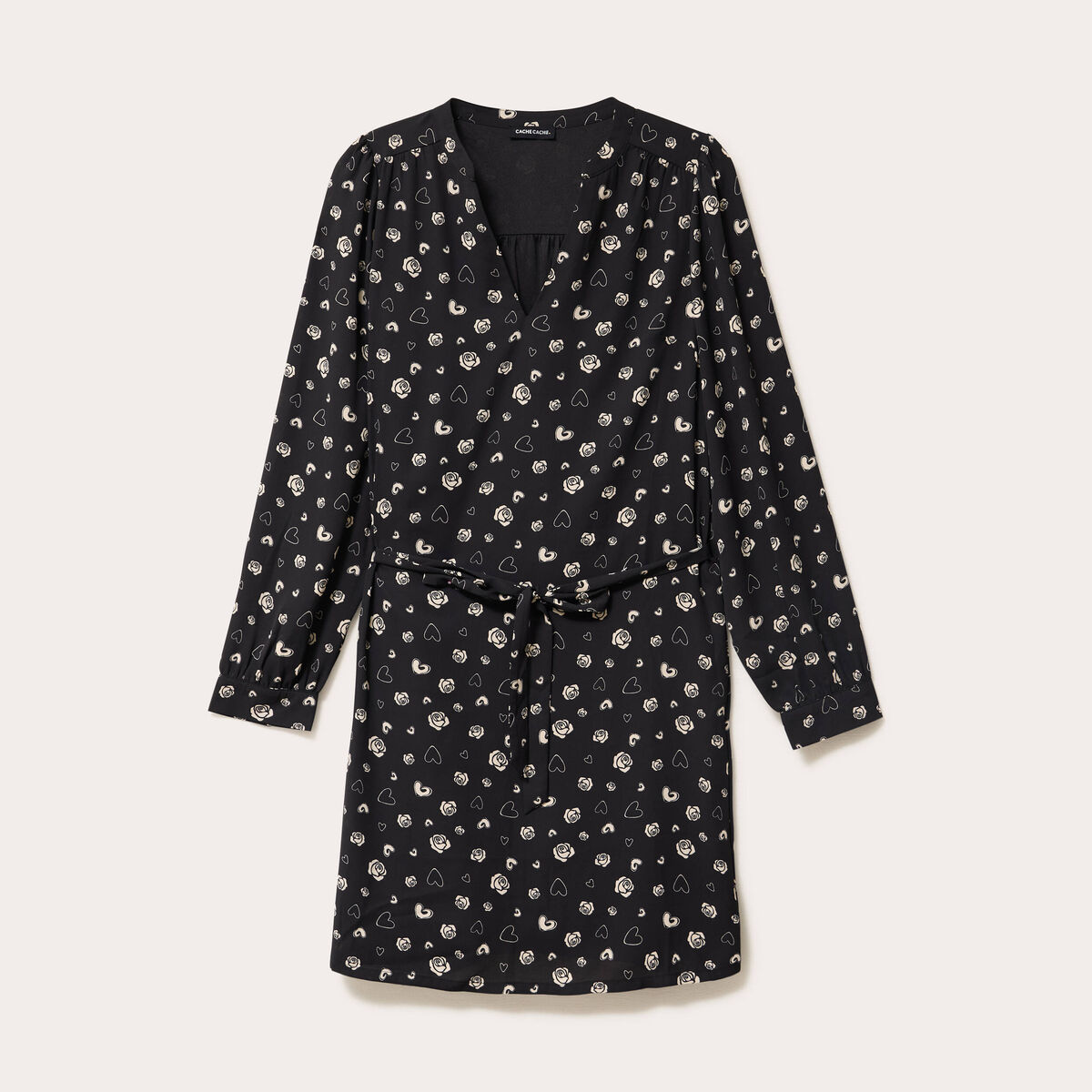 Robe droite courte col v manches longues noir femme