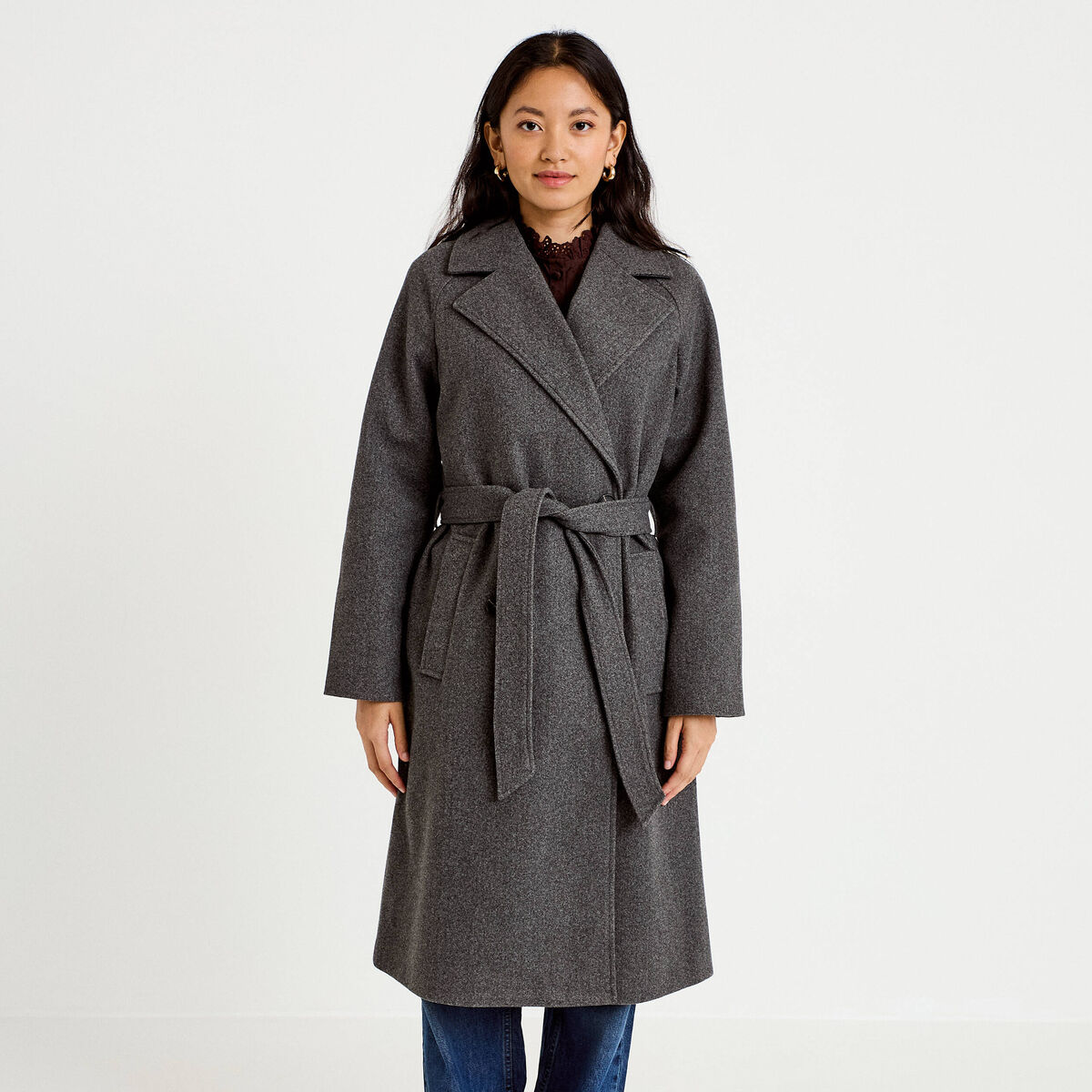 Manteau droit mi-long &agrave; manches longues gris femme