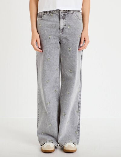 Jean wide leg broderie taille haute denim gris femme