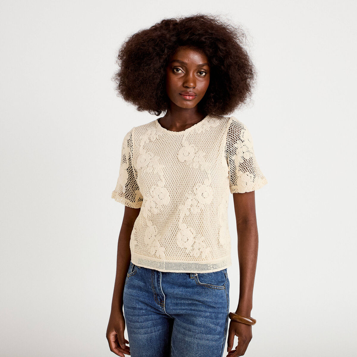 T-shirt manches courtes aspect dentelle ecru femme
