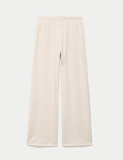 Pantalon large brod&eacute; beige femme