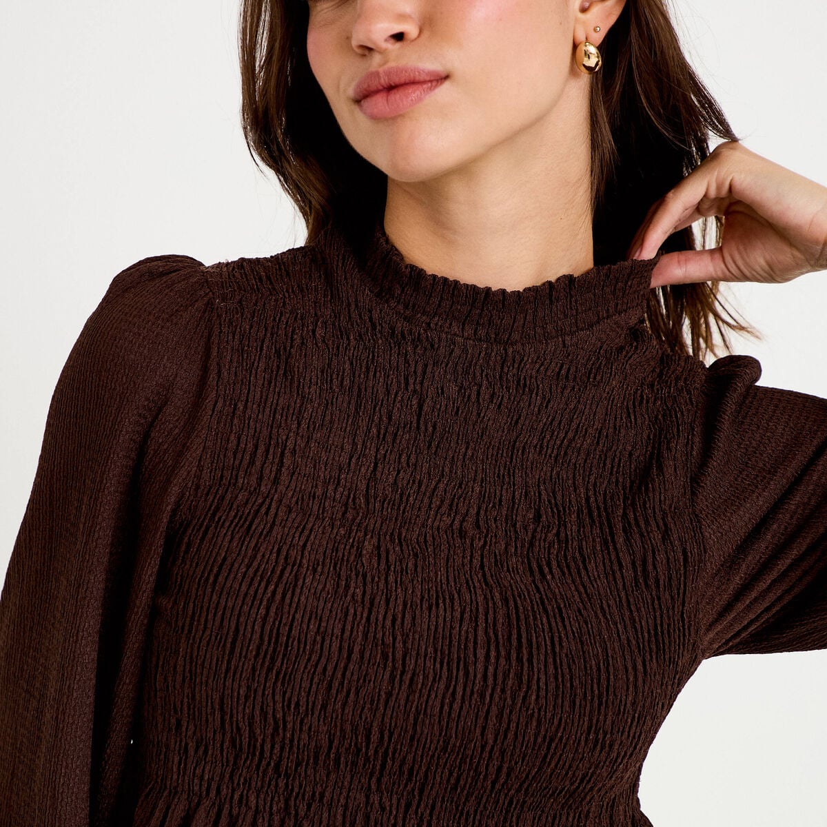 Blouse p&eacute;plum manches longues pliss&eacute;e marron fonc&eacute; femme