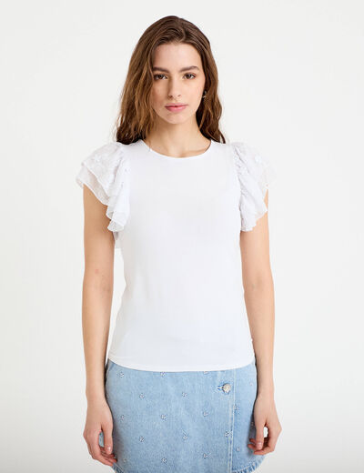 T-shirt ajust&eacute; dentelle col rond blanc femme