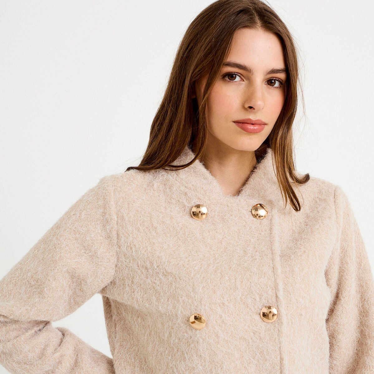 Veste droite cropped effet polaire ivoire femme