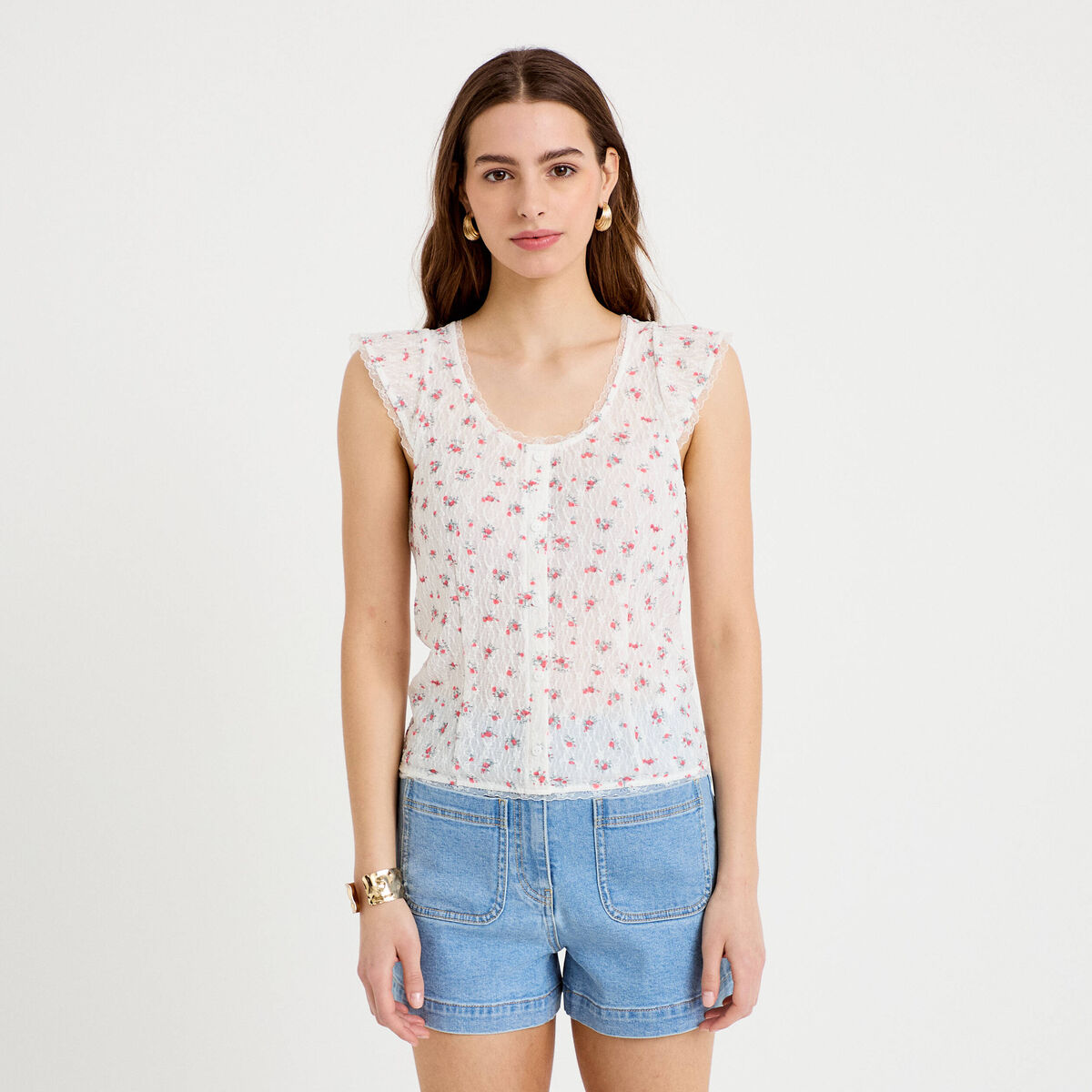 Top boutonn&eacute; d&eacute;tails dentelle blanc femme
