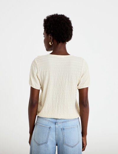 Blouse pliss&eacute;e col v manches courtes ecru femme