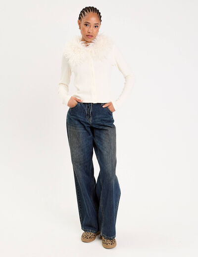 Gilet ajust&eacute; manches longues duveteux ivoire femme
