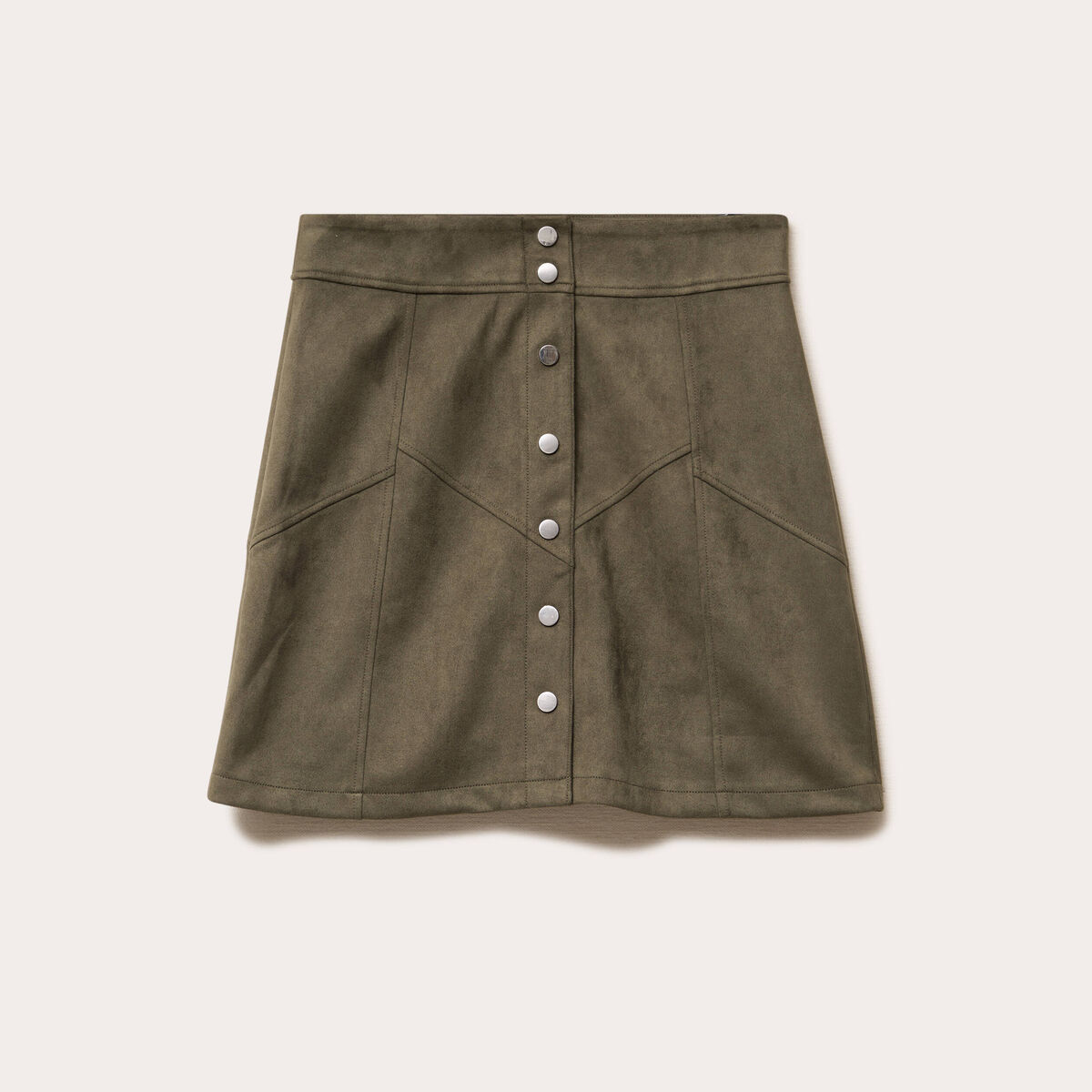 Jupe trap&egrave;ze courte aspect daim vert kaki femme