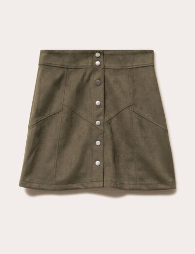 Jupe trap&egrave;ze courte aspect daim vert kaki femme