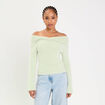 Pull ajust&eacute; col bardot manches longues vert pastel femme