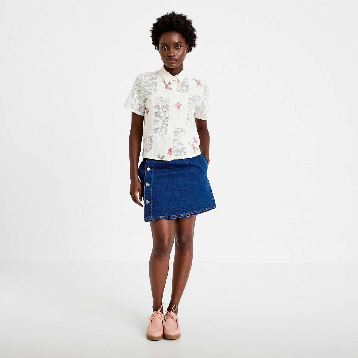 Chemise col chemise manches courtes ecru femme
