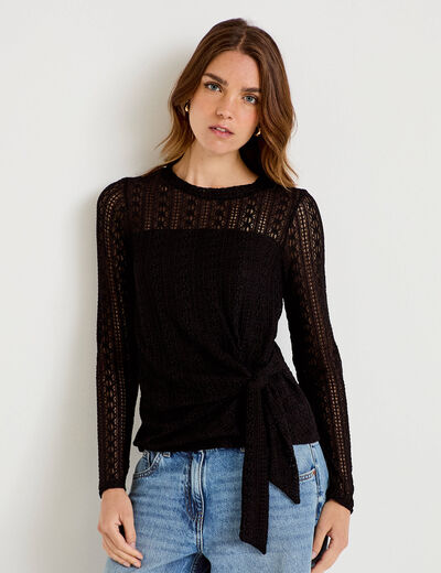Top droit manches longues dentelle noir femme