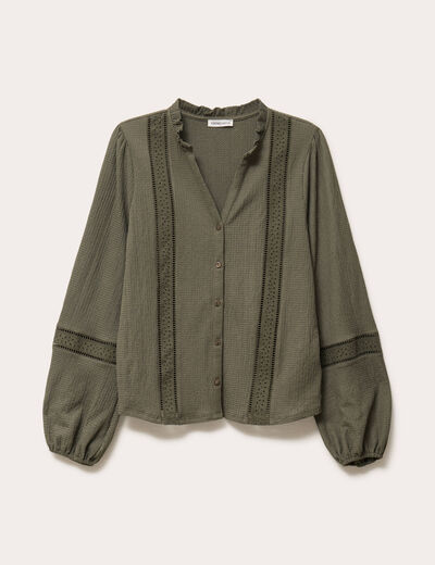 Blouse broderie col V manches longues vert kaki femme
