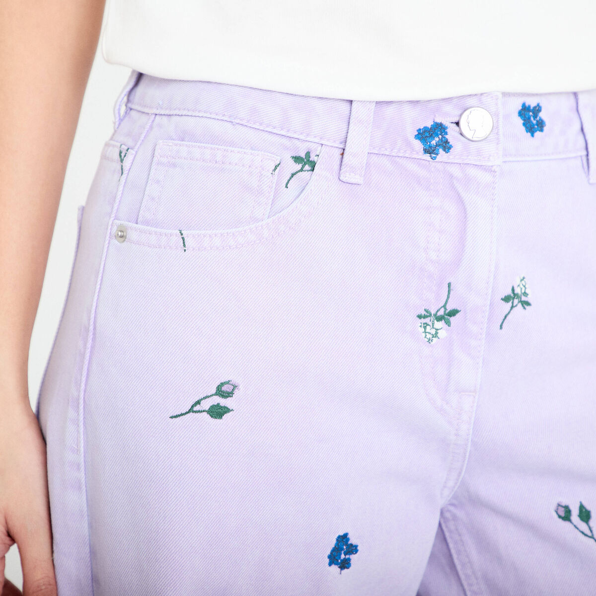Jean wide leg brod&eacute; Bridgerton mauve femme