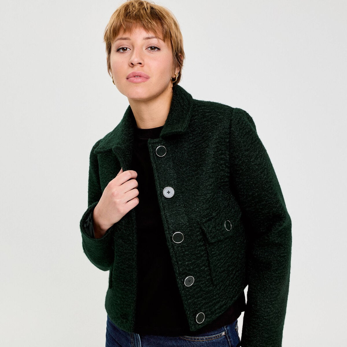 Veste bouclette boutonn&eacute;e vert fonc&eacute; femme