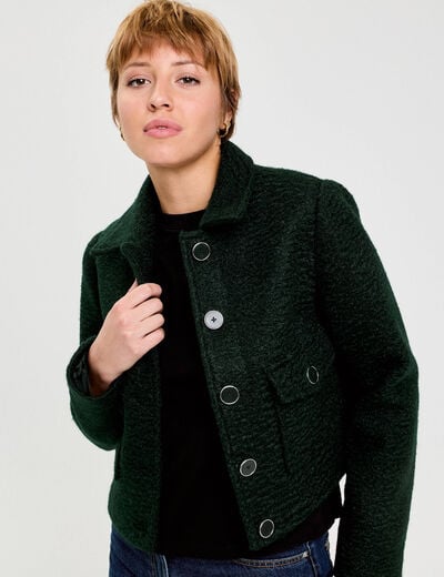 Veste bouclette boutonn&eacute;e vert fonc&eacute; femme