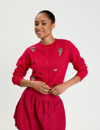 Gilet col rond manches longues rouge clair femme