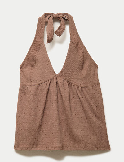 Top d&eacute;collet&eacute; sans manches pliss&eacute; marron fonc&eacute; femme
