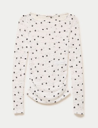 Top dentelle pliss&eacute; col bateau blanc femme