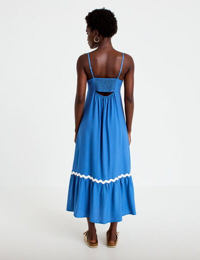 Robe longue &eacute;vas&eacute;e col v cr&ecirc;pe bleu fonc&eacute; femme