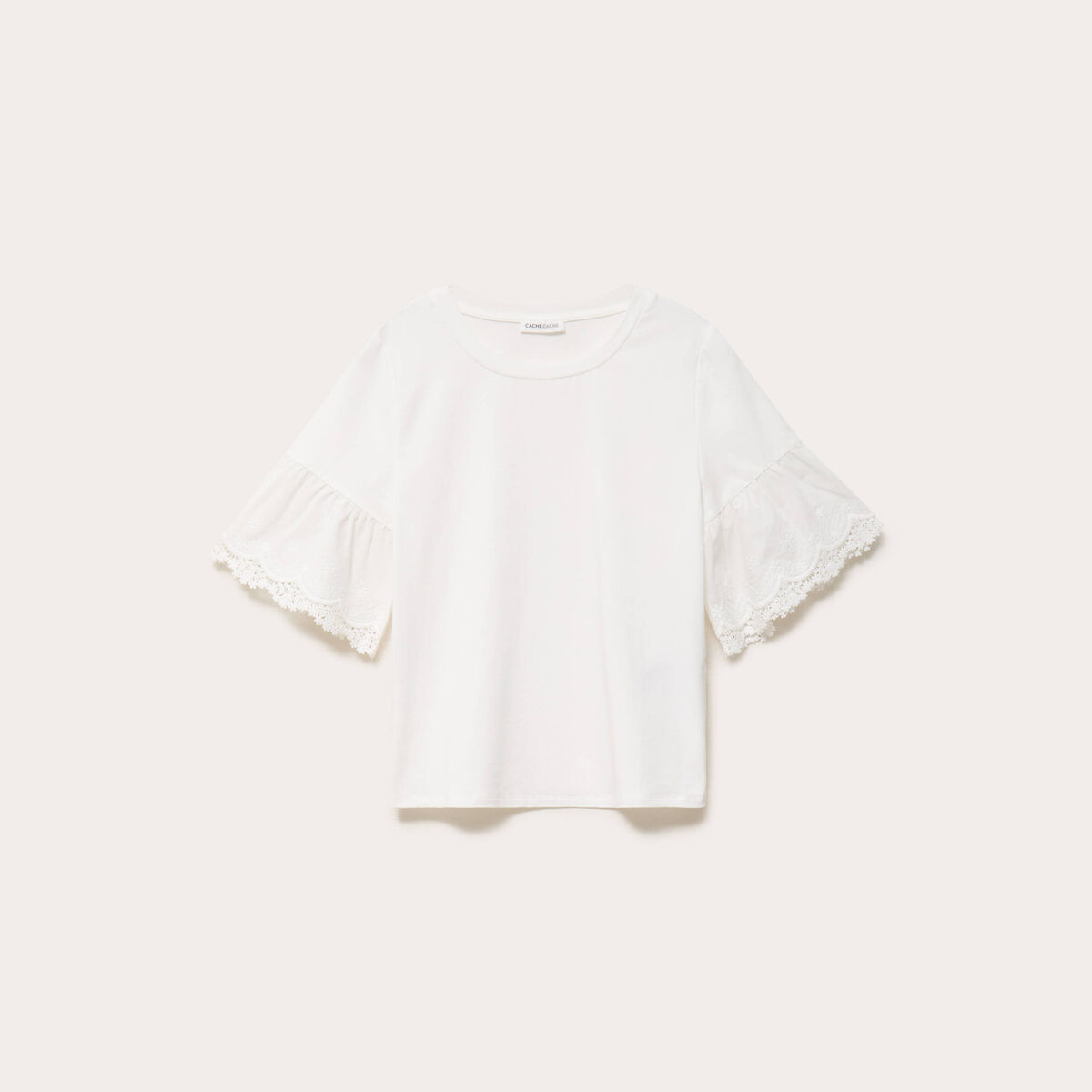 T-shirt broderie manches courtes ecru femme