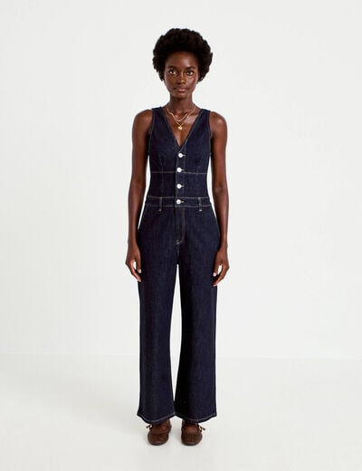 Combinaison jean large sans manches denim brut femme